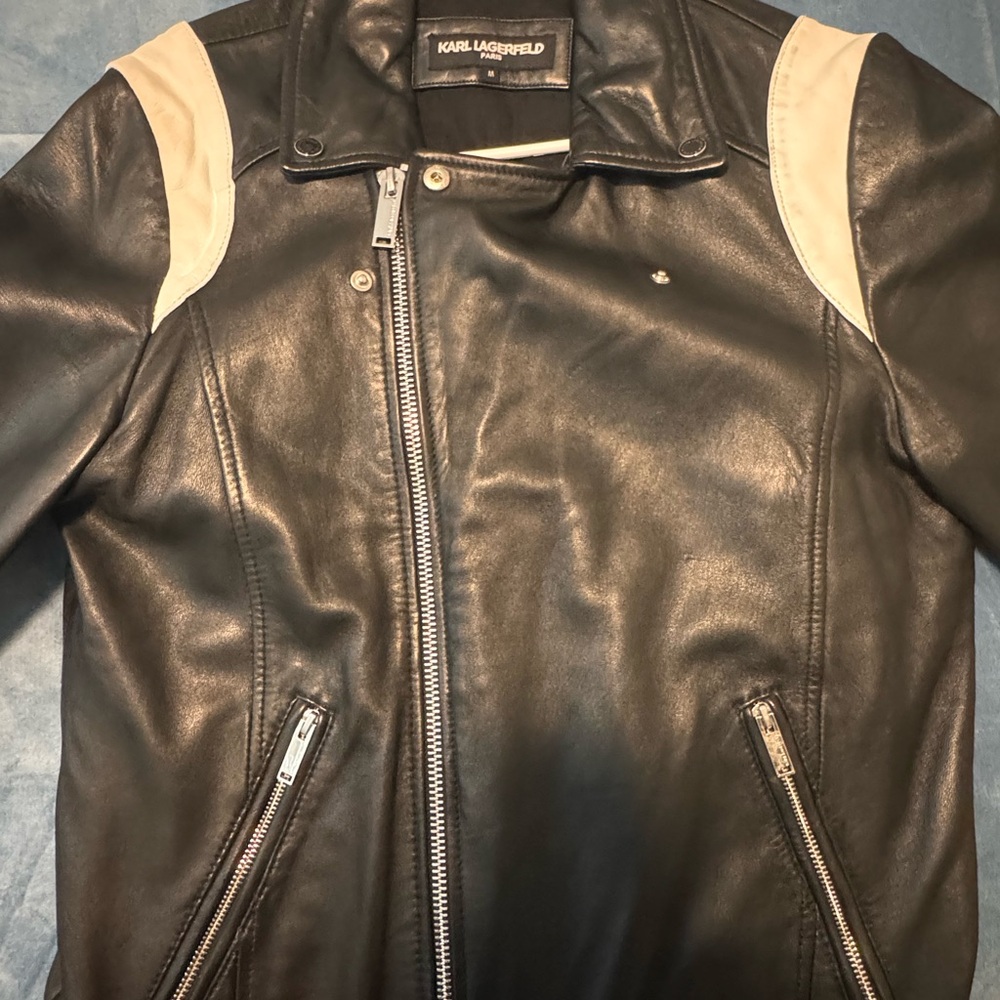Karl Lagerfeld Black Leather Jacket with White Accents